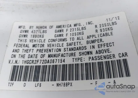 2013 Honda Accord Ex из США, поврежденный, VIN 1HGCR2F72DA067154